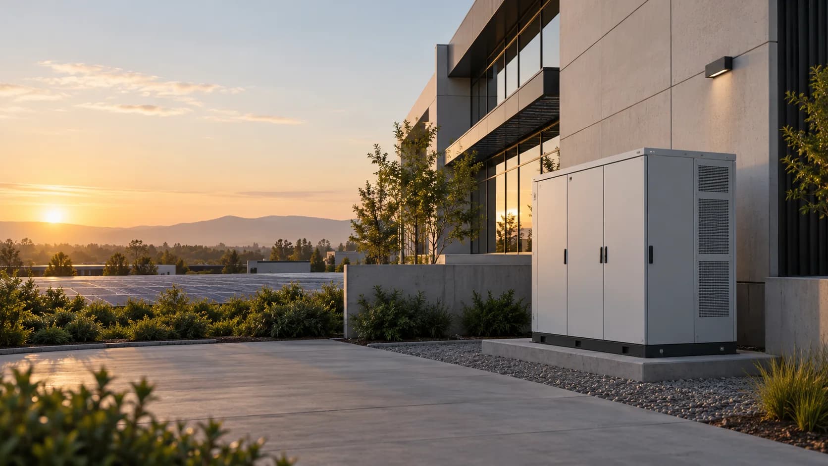 Illustrative architectural visualization of a generic energy storage cabinet beside a commercial building and solar panels; not a real installation